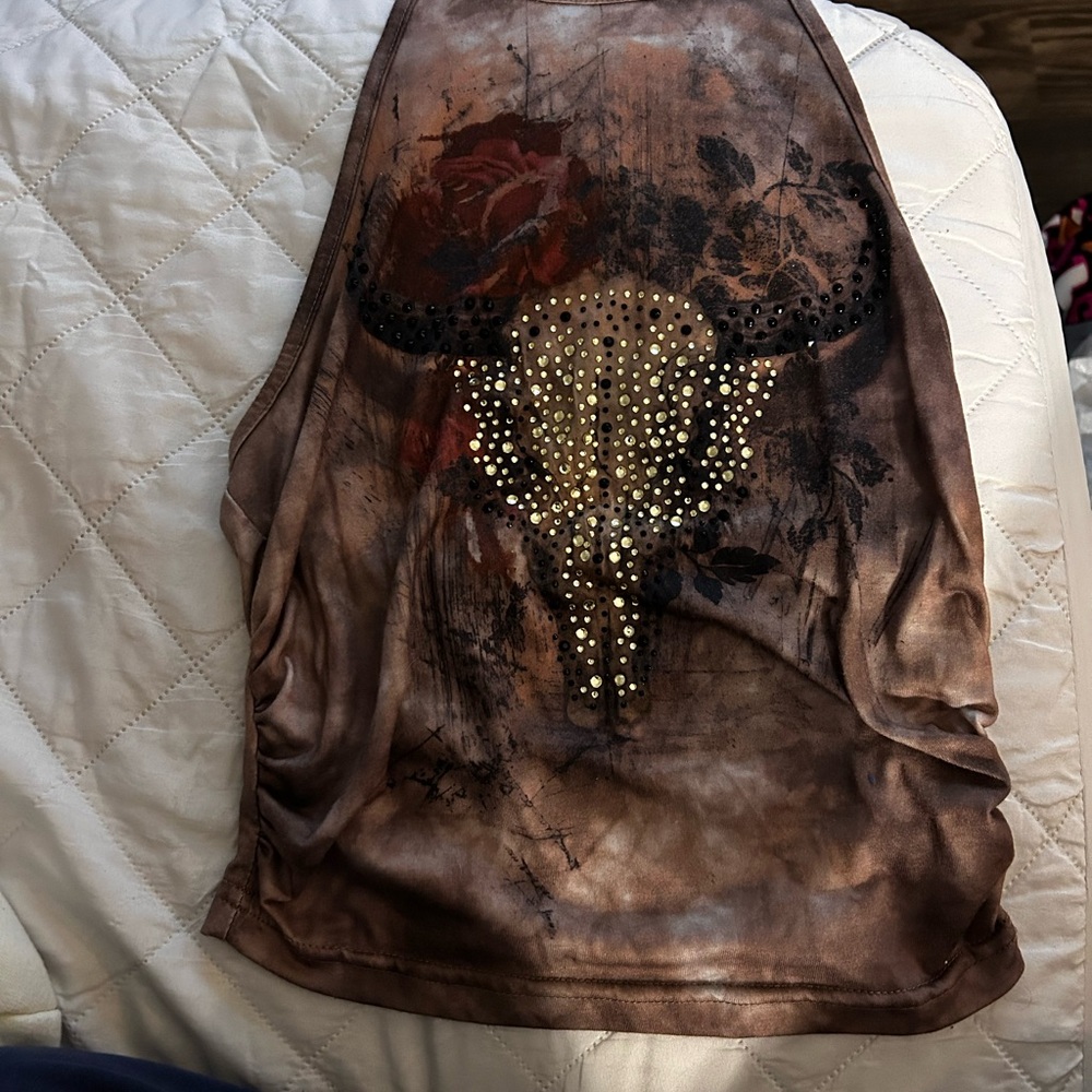 Brown Sleeveless Top with Bull Skull Design